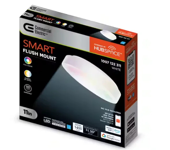 [1007122311] 11 in. White Integrated LED Dimmable Flush Mount Puff with Adjustable CCT and RGB at 1400 Lumens Powered by Hubspace
