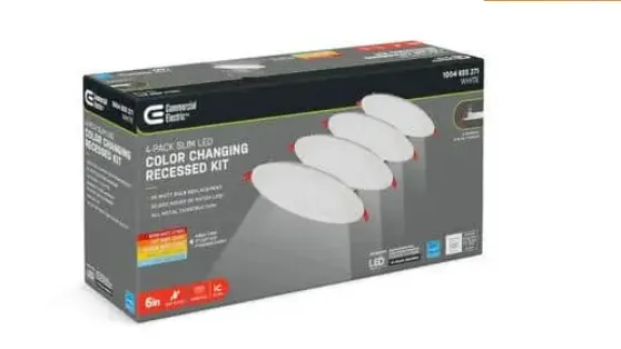 [1004655271] Commercial Electric Ultra Slim Integrated LED 6 in. Round Adjustable Color Temp Canless Recessed Light for Kitchen, Bath, Living Rooms, White (4-Pack) (91478)